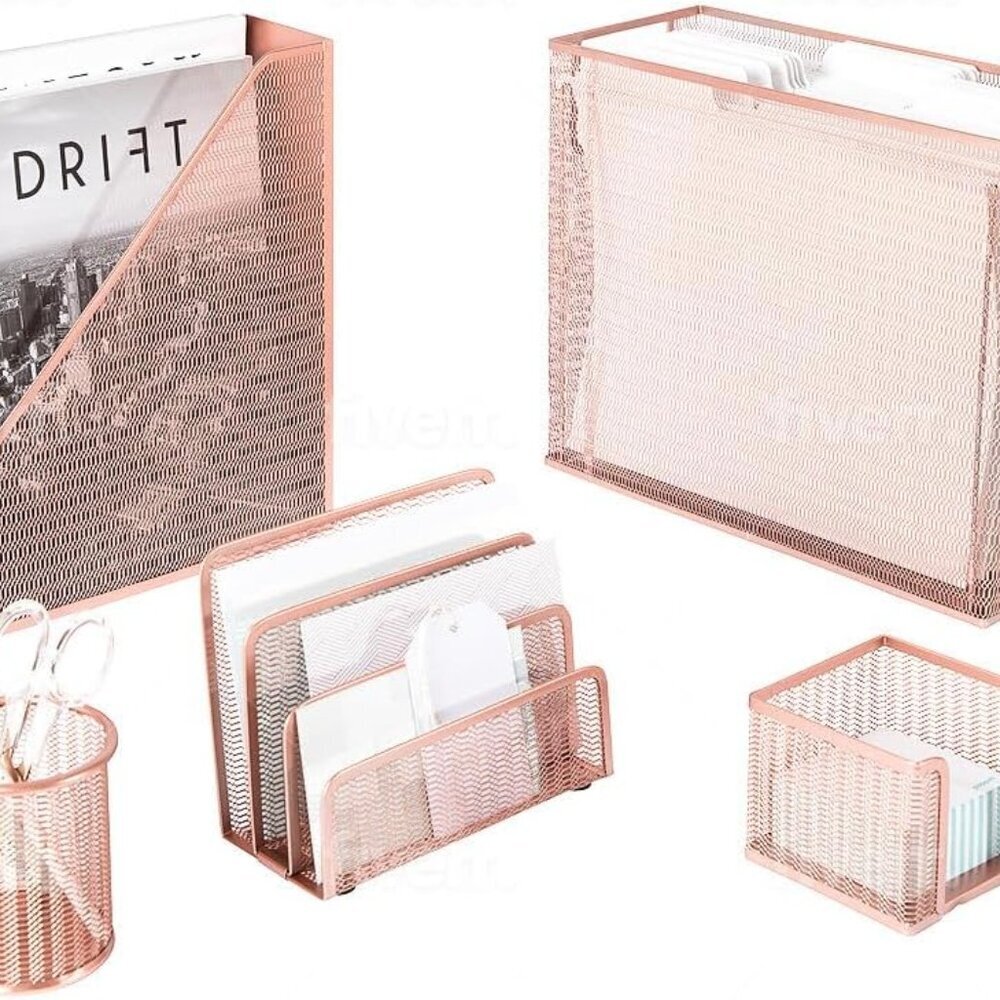 5 Piece Cute Office Supplies Rose Gold Desk Organizer Set - with Desktop Hanging